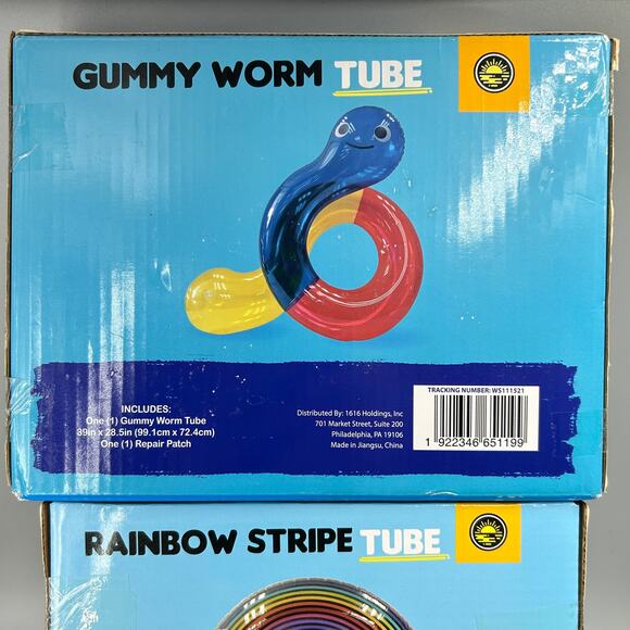 Lot of 2 Inflatable Swim TUBE Rings Gummy Worm & Rainbow Stripe Float NEW - Picture 4 of 10